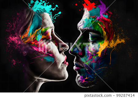 Young couple in love silhouette with watercolor paint splashes. Valentine's day concept. Neural network AI generated art Young couple in love silhouette with watercolor paint splashes. Valentine's day concept. Neural network AI generated art 99287414