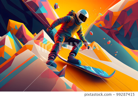 Abstract extreme sports lover performs leap into infinity with fictional skateboard or snowboard. Neural network AI generated art Abstract extreme sports lover performs leap into infinity with fictional skateboard or snowboard. Neural network AI generated art 99287415
