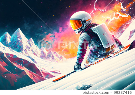 Abstract extreme sports lover performs leap into infinity with fictional skateboard or snowboard. Neural network AI generated art Abstract extreme sports lover performs leap into infinity with fictional skateboard or snowboard. Neural network AI generated art 99287416