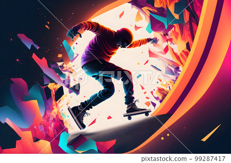 Abstract extreme sports lover performs leap into infinity with fictional skateboard or snowboard. Neural network AI generated art 99287417