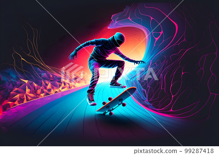 Abstract extreme sports lover performs leap into infinity with fictional skateboard or snowboard. Neural network AI generated art Abstract extreme sports lover performs leap into infinity with fictional skateboard or snowboard. Neural network AI generated art 99287418