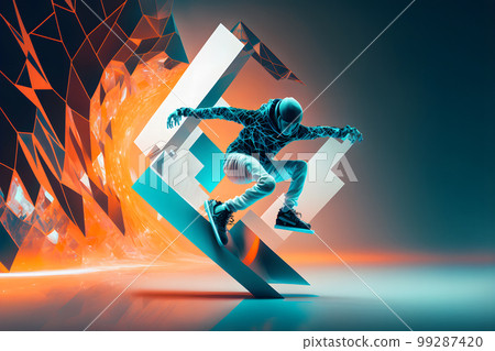 Abstract extreme sports lover performs leap into infinity with fictional skateboard or snowboard. Neural network AI generated art Abstract extreme sports lover performs leap into infinity with fictional skateboard or snowboard. Neural network AI generated art 99287420