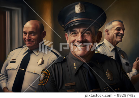 Vintage portraits of male police workers in classical police uniforms in department interior. Neural network AI generated art 99287482