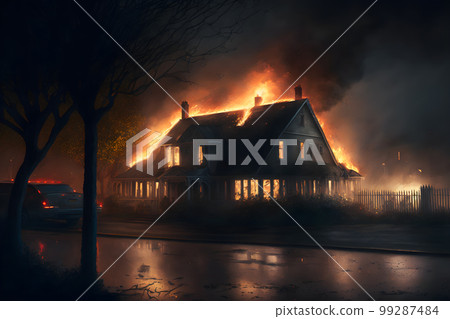 Residental building on fire accident in nighttime. Neural network AI generated art 99287484