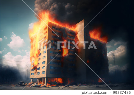 Multistorey residental or office building on fire. Neural network AI generated art 99287486