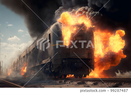 Burning train car on fire accident on train yard. Neural network AI generated art Burning train car on fire accident on train yard. Neural network AI generated art 99287487