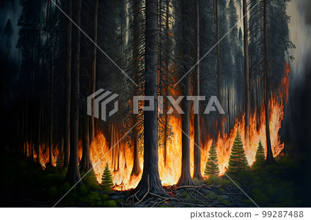 Large flames of forest fire accident. Neural network AI generated art Large flames of forest fire accident. Neural network AI generated art 99287488