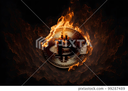 Burning bitcoin on fire flame on black background. Neural network AI generated art Burning bitcoin on fire flame on black background. Neural network AI generated art 99287489