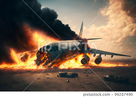 Burning airplane on fire accident in international airport. Neural network AI generated art Burning airplane on fire accident in international airport. Neural network AI generated art 99287490