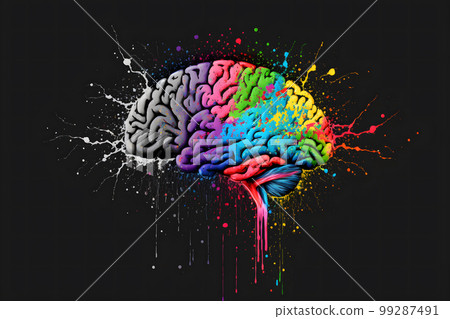 Human brain in colorful splashes on black background. Neural network AI generated art Human brain in colorful splashes on black background. Neural network AI generated art 99287491