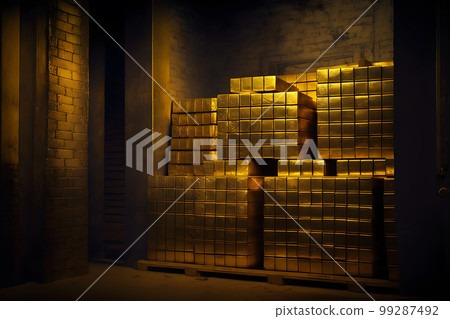 Stacks of gold bullion and safe deposit boxes in bank depository room. Neural network AI generated art Stacks of gold bullion and safe deposit boxes in bank depository room. Neural network AI generated art 99287492