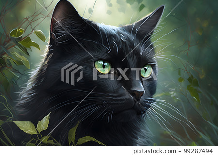Portrait of domestic cat with black fur outdoors with nature background. Neural network AI generated art Portrait of domestic cat with black fur outdoors with nature background. Neural network AI generated art 99287494
