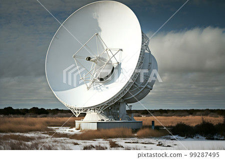 Group of radio telescope satellite dishes. VLA Very Large Array in sandy area. Neural network AI generated art 99287495