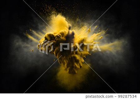 Explosion of yellow color paint powder on black background. Neural network AI generated art Explosion of yellow color paint powder on black background. Neural network AI generated art 99287534