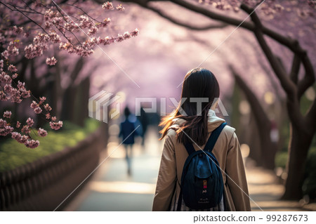 A high school girl walking along a road lined with cherry blossom trees 99287673