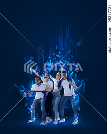 Creative art collage. Modern design. Emotional young people, men and women, fans actively cheering up favourite sport team over blue background Creative art collage. Modern design. Emotional young people, men and women, fans actively cheering up favourite sport team over blue background 99287722