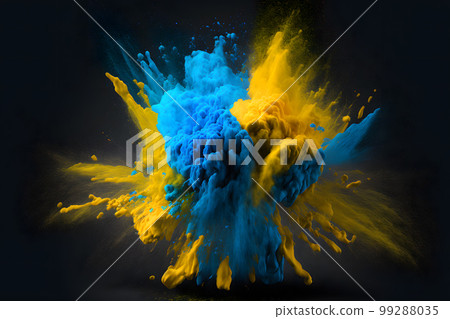 Explosion of yellow and blue color paint powder on black background. Neural network AI generated art 99288035