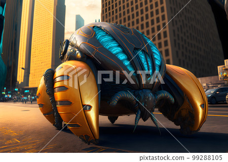 Modern futuristic car with bettle design in city center. Neural network AI generated art Modern futuristic car with bettle design in city center. Neural network AI generated art 99288105