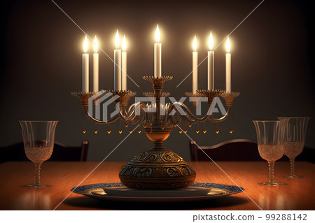 Hanukkah menorah on jewish traditional festive table. Neural network AI generated art Hanukkah menorah on jewish traditional festive table. Neural network AI generated art 99288142