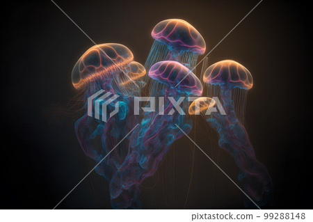 Group of clear glowing neon color light jelly fish in deep dark water. Neural network AI generated art Group of clear glowing neon color light jelly fish in deep dark water. Neural network AI generated art 99288148