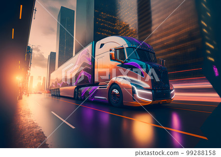 Modern futuristic truck car in city center. Neural network AI generated art 99288158