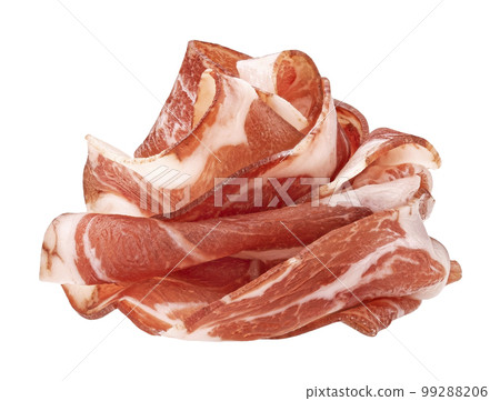 Bacon strips, pork brisket slices isolated on white background Bacon strips, pork brisket slices isolated on white background 99288206