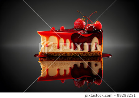 Piece of cheesecake with fresh cherries and mint. Neural network AI generated art 99288251