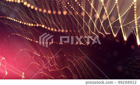 3d rendering background of microworld or sci-fi theme with glowing particles form curved lines, 3d surfaces, grid structures with depth of field, bokeh. Golden red wave forms 99288912