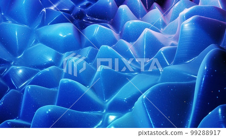 3d render. Fantastical festive blue bg. Stylish abstract background, waves on glossy surface like landscape made of liquid blue wax with sparkles. Beautiful soft background 99288917