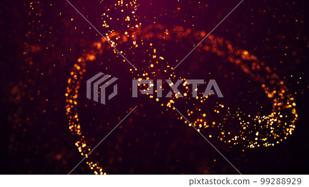 Golden red glow particles flicker and float in viscous liquid with amazing bokeh. Fantastic background. Gold magical sparkles of light form abstract structures. 3d render 99288929