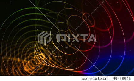 abstract sci-fi background with glow particles form curved lines, surfaces, hologram structures or virtual digital space. Motion design background with gradient color. Blue red green. Round structures 99288946
