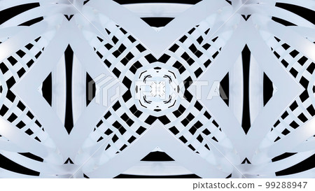 3d render. Abstract pattern. Pearl material. Kaleidoscope effect with symmetrical structure with round thing like rings or circles twisting in concentric structure. 3D stylish abstract white bg. 99288947