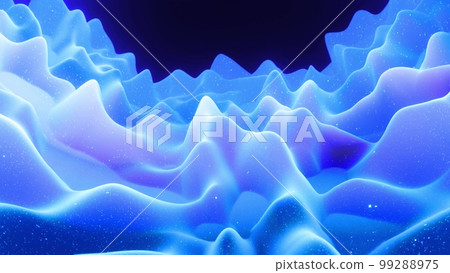 Abstract waves of soft blue matte material with light inner glow and glitters on surface. Abstract geometric surface like landscape or terrain, extrude or displace 3d noise. 3d render 99288975