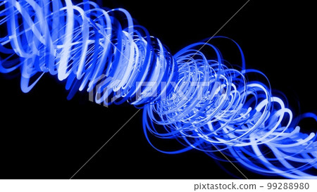 3d render. Motion design bg of flow lines form helix and abstract structures. Blue lines swirling in spiral. 3d render stylish creative abstract background. Isolated on black 3d render. Motion design bg of flow lines form helix and abstract structures. Blue lines swirling in spiral. 3d render stylish creative abstract background. Isolated on black 99288980