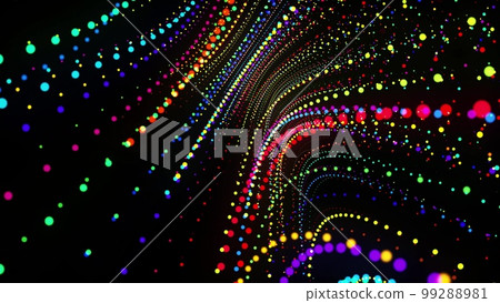 3d render. Abstract 3d background with glowing particles lined up in a row along curved lines in 3d space. Festive bg with multicolored particles. Motion design background. 3d render. Abstract 3d background with glowing particles lined up in a row along curved lines in 3d space. Festive bg with multicolored particles. Motion design background. 99288981
