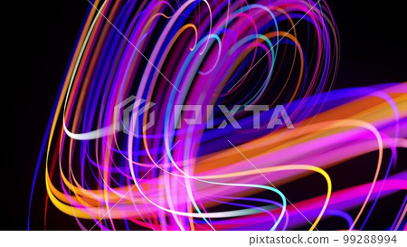 Motion graphics, sci-fi bg. Stream of multicolor neon lines form spiral shape, curls and pattern. Abstract background with light trails, Modern trendy motion design bg. Light flow bg. 3d render 99288994