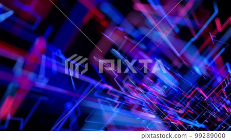 3d rendering sci-fi bg like abstract hologram. Multicolor neon glow lines form digital 3d space. Connection concept, visualization of multiple calculations of various branches neural network or AI 99289000