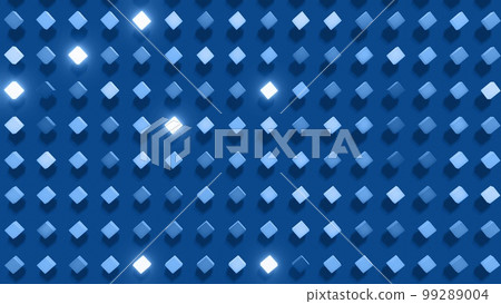 3d render. 3d abstract dark geometric bg with gray cubes flash with blue neon light randomly. Cubes form a flat structure. Creative simple motion design bg with 3d objects 99289004