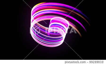 Motion graphics, sci-fi bg. Stream of multicolor neon lines form spiral shape, curls and pattern. Abstract background with light trails, Modern trendy motion design bg. Light flow bg. 3d render 99289010
