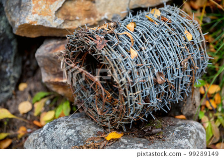 A coil of old barbed wire on a stone, close-up photo. 99289149
