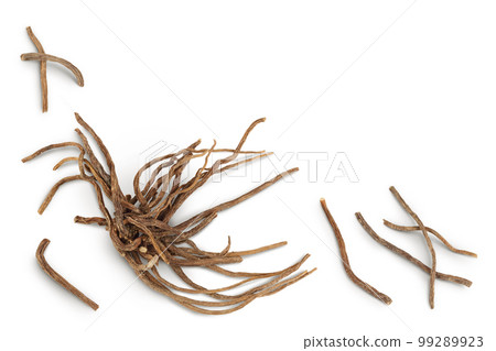 Dried Valerian root isolated on white background. Valeriana officinalis with full depth of field. Top view with copy space for your text. Flat lay Dried Valerian root isolated on white background. Valeriana officinalis with full depth of field. Top view with copy space for your text. Flat lay 99289923