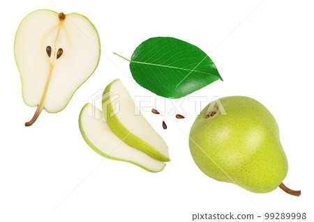 Green pear fruit with slices isolated on white background. Top view. Flat lay 99289998