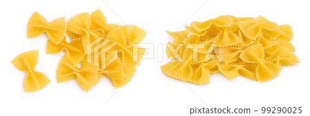 Bow tie pasta isolated on white background with full depth of field. Top view. Flat lay. 99290025