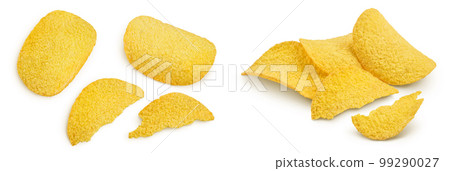 Potato chips isolated on white background with full depth of field. Top view. Flat lay. Potato chips isolated on white background with full depth of field. Top view. Flat lay. 99290027