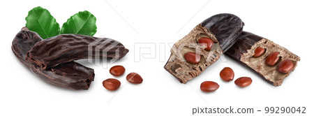 Ripe carob pods and bean isolated on white background with full depth of field Ripe carob pods and bean isolated on white background with full depth of field 99290042