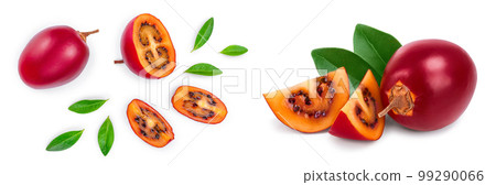 Fresh tamarillo fruit with leaves isolated on white background. Top view. Flat lay Fresh tamarillo fruit with leaves isolated on white background. Top view. Flat lay 99290066