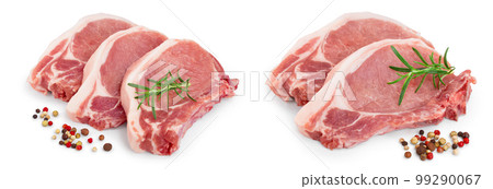 sliced raw pork meat with rosemary and peppercorn isolated on white background sliced raw pork meat with rosemary and peppercorn isolated on white background 99290067