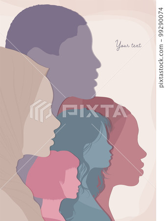 Silhouette profile group of multicultural women. International Women s day. Female social community of diverse culture. Colleagues.Racial equality. Empowerment.Feminism. Poster copy space 99290074