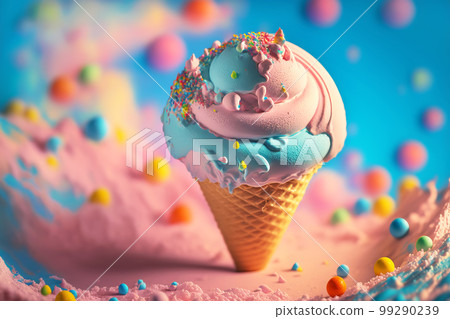 Rainbow Ice Cream Cone close-up on a fantasy background. Generative AI illustration Rainbow Ice Cream Cone close-up on a fantasy background. Generative AI illustration 99290239