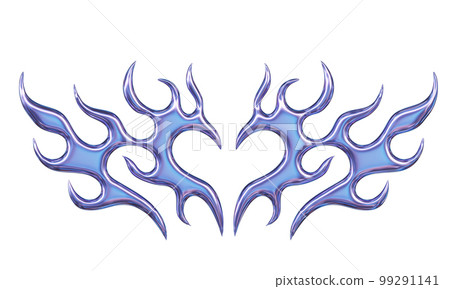 3d chrome metal of y2k fire icon. Flame shape in liquid mercury. 3d rendering illustration of abstract neo tribal cyber sigil metallic melted modern burn form, design element 99291141